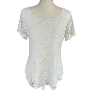 Leo & Nicole Top Women Size M White Lace Overlay Tee Floral Cottagecore Blouse